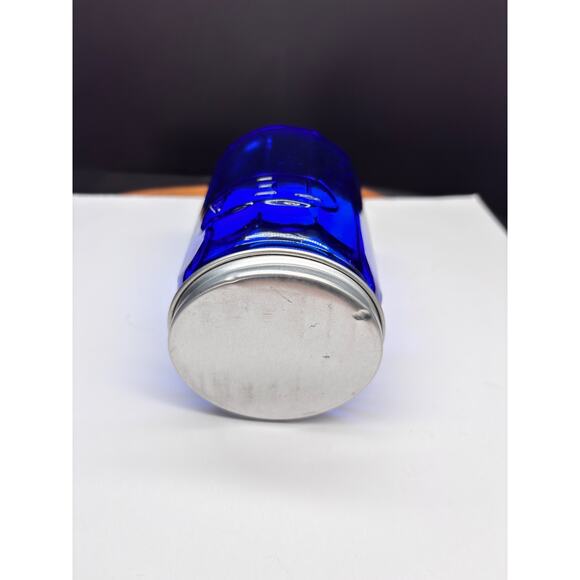 Hoosier Cabinet Style Cobalt Blue Glass Embossed TEA Jar With Metal Screw Lid - Picture 9 of 13